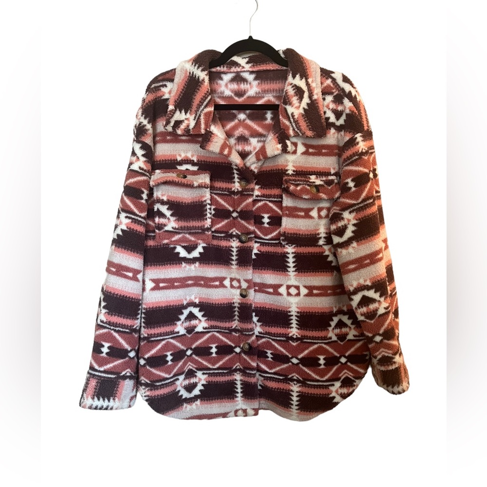Fleece Southwest Print Button Up Jacket - Picture 1 of 2